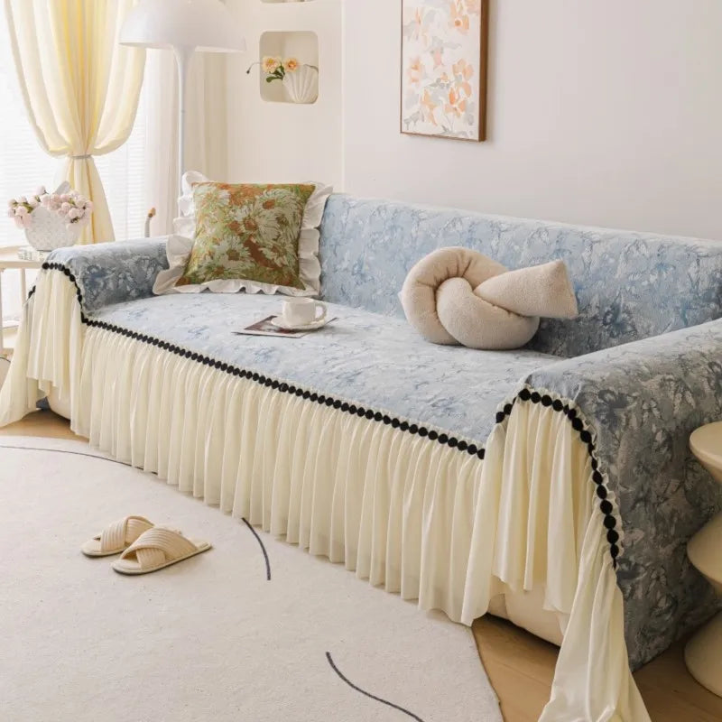 Autumn Universal Chenille Sofa Cover French Ruffled Edge Creamy Mats Aesthetic Flower Printed Anti-Slip Patchwork Couch Cushion